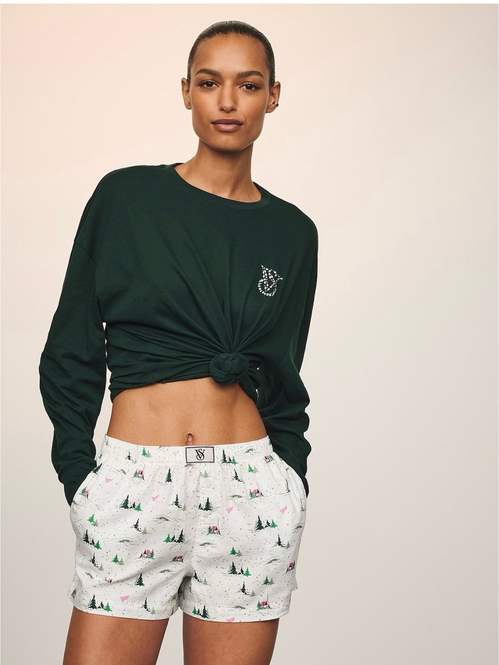 Victoria's Secret bling patch Long Sleeve Pajama Shorts set cotton New Medium